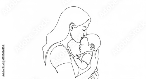 A minimalist line art illustration of a mother tenderly holding and kissing her baby