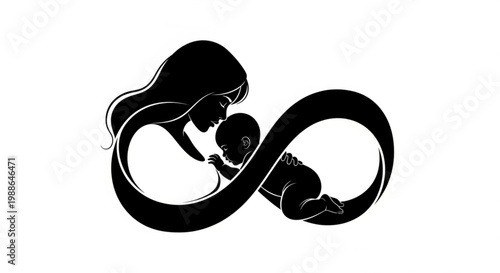 A minimalist vector graphic illustration of a mother and baby in an infinity symbol silhouette