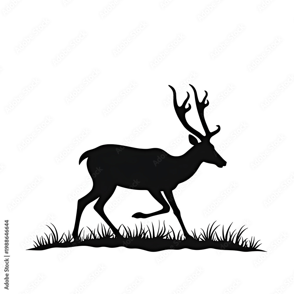 Obraz premium A black silhouette of a deer with antlers running through grass on a white background