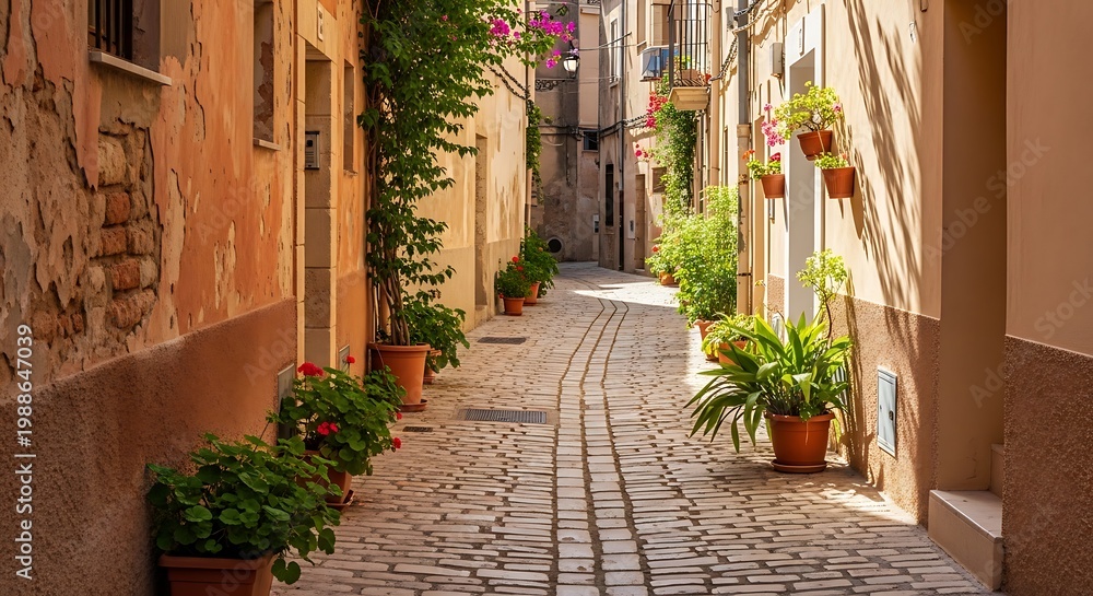 Fototapeta premium Narrow sunny alleyway with terracotta pots of green plants and white walls narrow path