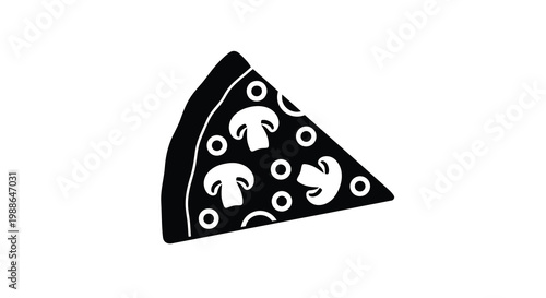 A black and white illustration depicts a single slice of pizza topped with mushrooms and olives