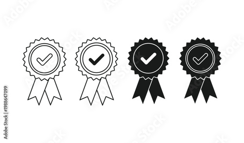 Four black and white checkmark rosette ribbons for awards and recognition