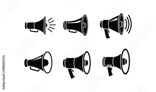A set of six different megaphone icons in black and white