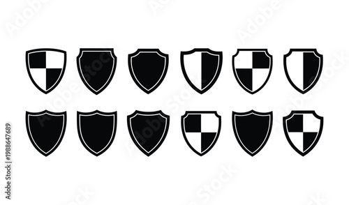 Collection of various shield logos and icons in black and white