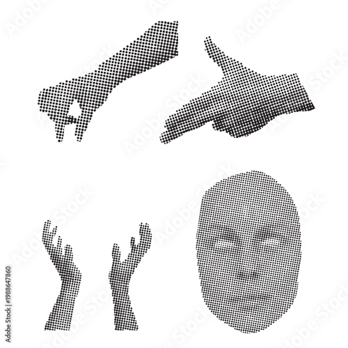 Halftone hands and face illustrations in black on white background