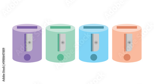 Colorful pencil sharpeners in purple, green, blue, and orange on white background