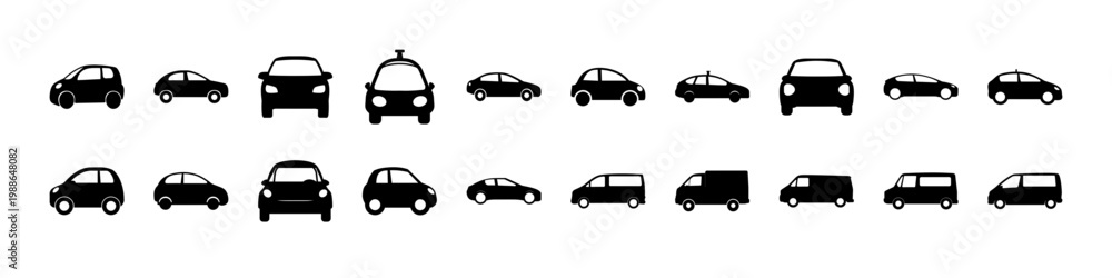 Fototapeta premium Car silhouette icons set of compact vehicles - Black silhouettes of compact cars in various styles and angles, ideal for automotive, transport, and urban mobility design projects.