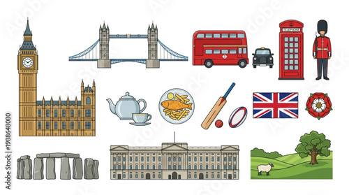 Iconic Symbols of British Culture and Landmarks Featuring Famous Architecture and Traditional Elements