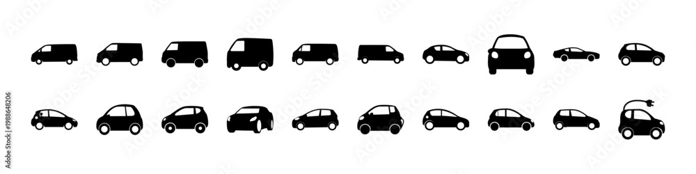 Obraz premium Car silhouette icons collection modern vehicle set - Black silhouettes of modern cars in various shapes and perspectives, ideal for automotive, transport, and urban mobility design projects.