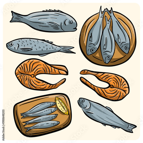 Fresh raw fish set including salmon steaks and whole sardines