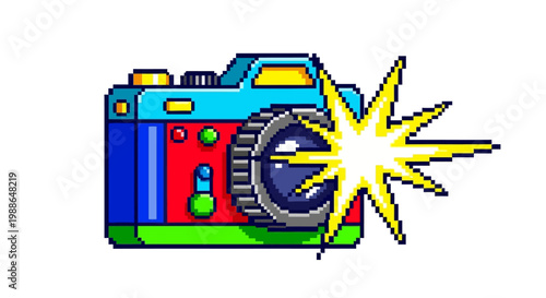 Retro Pixel Art Camera with Flashing Light.