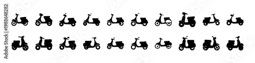Photography Scooter silhouette icons set of urban mopeds - Black silhouettes of scooters and mopeds in various styles, ideal for urban transport, delivery services, and city mobility design projects
