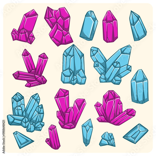 Hand drawn set of colorful magical crystals and minerals in blue and purple colors