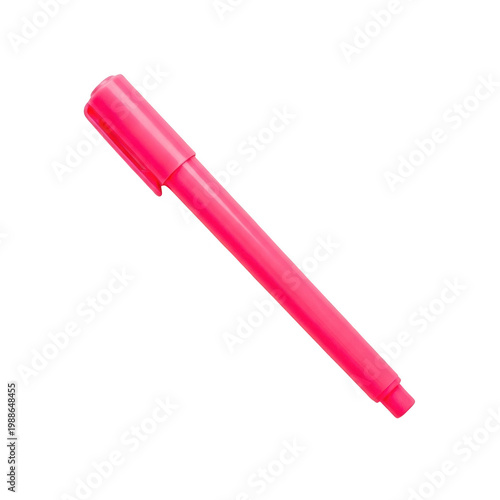 A pink highlighter pen with a translucent tip lying on its side. isolated on transparent background