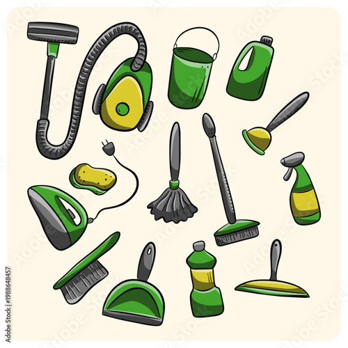 House Cleaning Service Equipment and Tools Illustration Set in Green Color