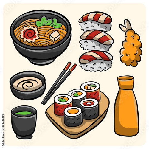 Japanese cuisine set with ramen, sushi, tempura, and sake bottle