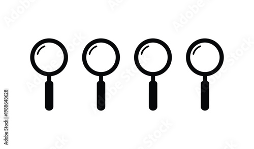 Four black magnifying glasses icons in a row on a for search concepts