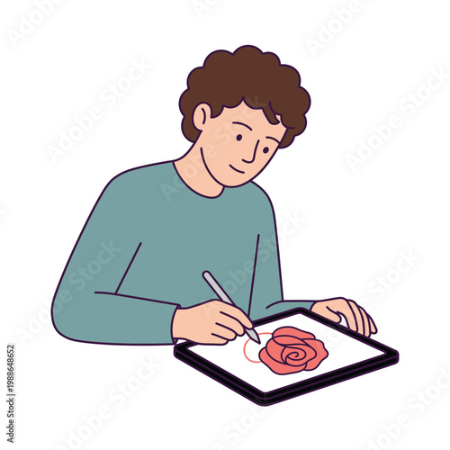 Person drawing rose on tablet with stylus