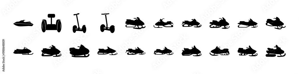 Ταπετσαρία Snowmobile and winter vehicle silhouette icon set - Black silhouettes of snowmobiles and winter transport vehicles, perfect for cold climate travel, recreation, and outdoor mobility design themes
