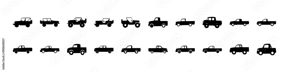 Naklejka premium Pickup truck and car silhouette icon set - Black silhouettes of various cars, pickup trucks, and small vehicles, suitable for automotive, transport, and mobility design applications.