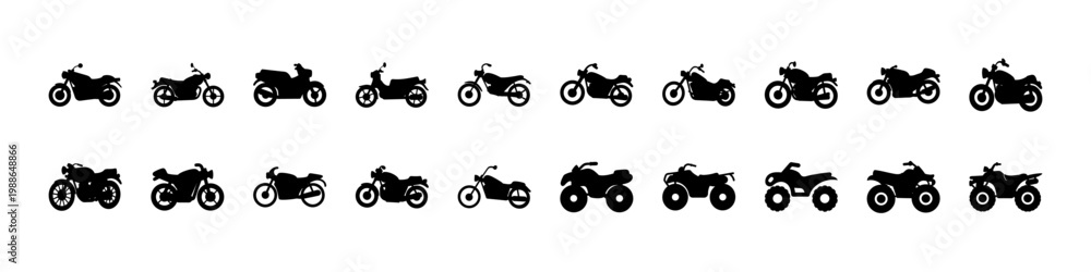 Fototapeta premium Motorcycle silhouette icons set in various styles - Black silhouettes of different motorcycles and motorbikes, showcasing various styles for transport, sport, and urban mobility design uses.