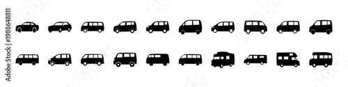 Compact car silhouette icons collection in black - Black silhouettes of compact cars and small urban vehicles in various styles, ideal for automotive, transport, and city mobility design projects.