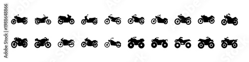 Motorcycle silhouette icons set in various styles - Black silhouettes of different motorcycles and motorbikes, showcasing various styles for transport, sport, and urban mobility design uses.