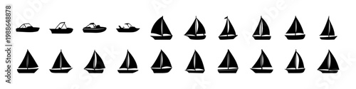 Sailboat silhouette icons set in black style - Collection of black sailboat silhouettes showing different yacht shapes and sailing vessels, ideal for marine, travel, and nautical design projects.