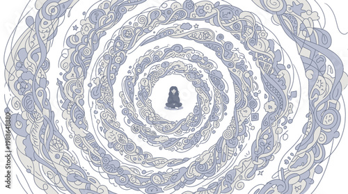 Overthinking Mind Spiral Top View for Mental Health Concept. Young woman sitting in a spiral of overthinking for mental health concept