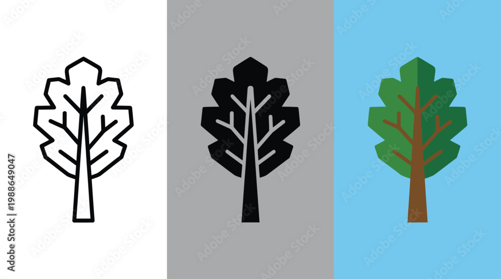 Obraz premium Tree Icon Variations on White, Gray, and Blue Backgrounds