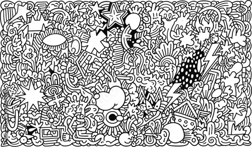 Intricate doodle art a black and white whirlwind of shapes and patterns