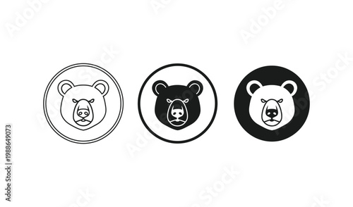 Vector illustrations of bear heads in circular frames, black and white