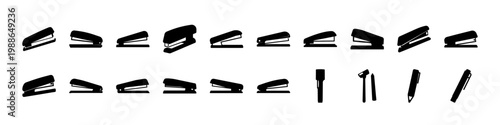 Black hand gesture and tool silhouette icons - Minimal black silhouettes of hand gestures, tools and elongated objects arranged in rows on a white background for icon design.