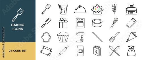 Baking kitchen tools ingredients pastry line icon set