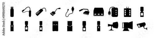 Black transport and tool silhouette icon set - Collection of black silhouettes featuring vehicles, tools, devices and various equipment arranged in rows on a white background.