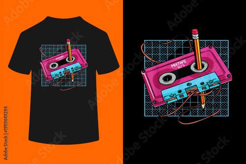 Vintage Cassette Tape Pencil 70s 80s 90s Music Mixtape Retro T-Shirt
