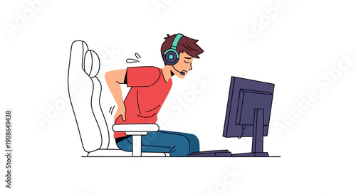 Young man experiencing lower back pain while sitting at computer