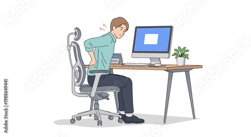 Young man experiencing back pain while working at his office desk