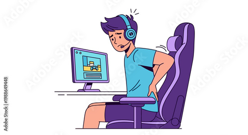 Gamer suffering from lower back pain while using his computer setup