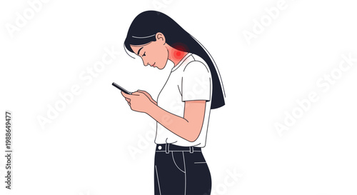Woman experiencing neck pain from looking at her mobile phone