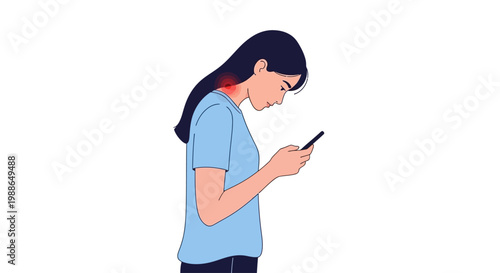 Young woman with neck pain using her mobile phone in poor posture