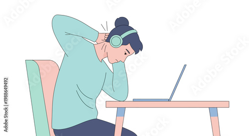 Woman suffering from neck pain while working on a laptop at desk