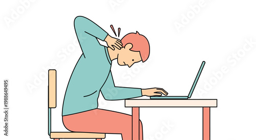 Man experiencing neck pain from bad posture while working on laptop