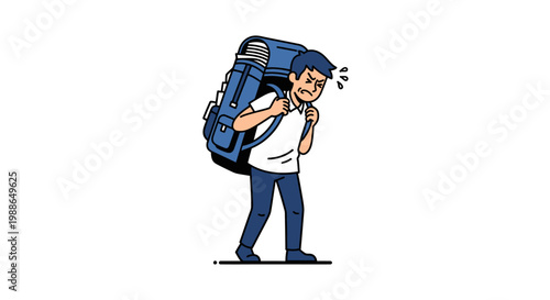 Man struggling to carry a very heavy oversized backpack