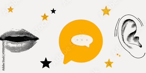 A graphic composition featuring lips an ear speech bubble and stars