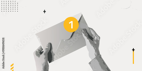 Hands opening a white envelope with a large orange number one on it