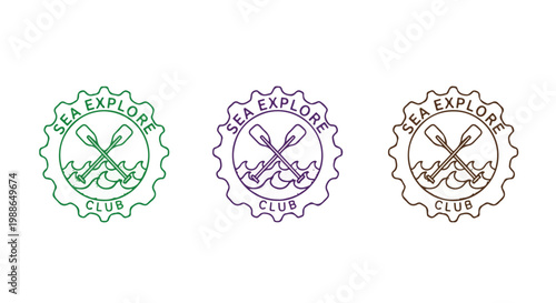 Set of colorful expedition badges with crossed oars and gear icons