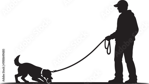 Silhouette of a Man Training a Working Dog or Scent Hound on a Leash