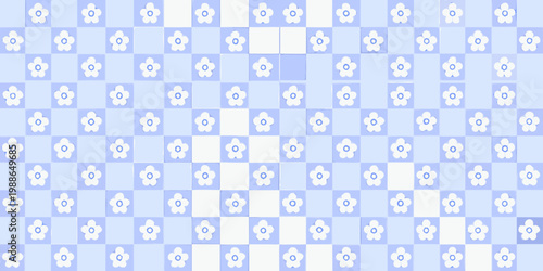 A light blue and white checkered background with small floral patterns