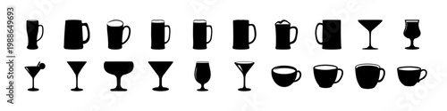 Black drink glass and cup silhouette icons - Set of black silhouettes featuring various drinkware including mugs, cups, wine glasses and cocktails arranged in rows on white background.